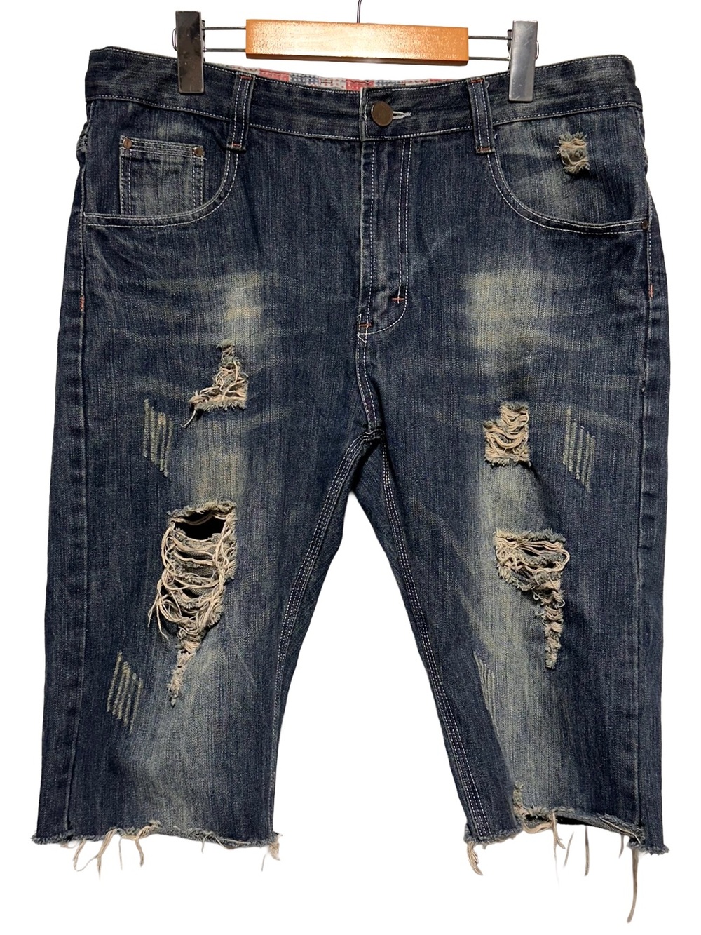 Laa’s Dress Distressed Denim Bermuda Shorts Y2K Grunge Skater Raw Hem 36